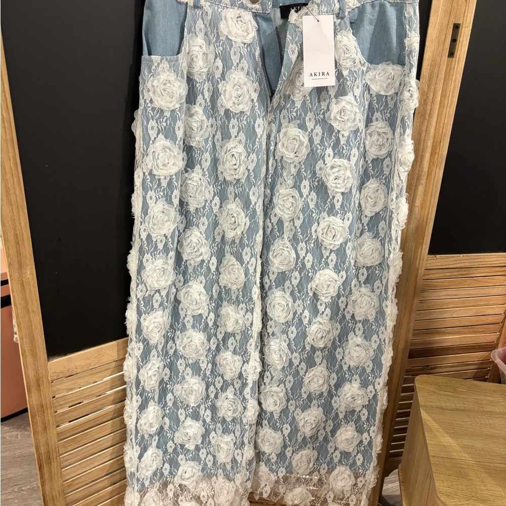 AKIRA Denim and White Floral Lace Pants